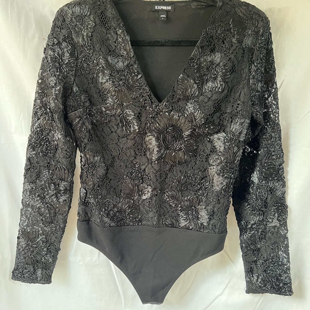 Express Black Long Sleeve Lace Bodysuit
